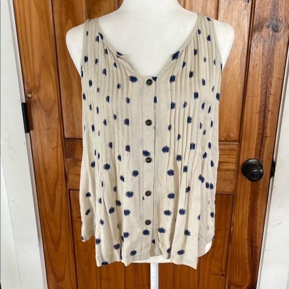 Maeve Anthropologie  Tank Top Polkadot Beige tan Blue Small 2-4 Pleated Pintuck